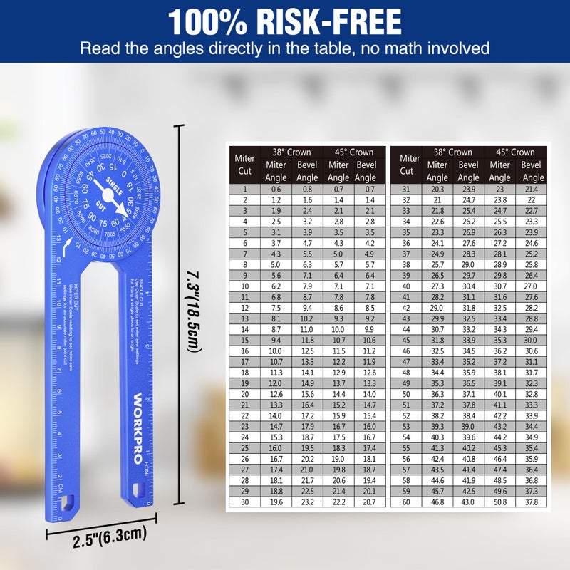 WORKPRO Aluminum Miter Saw Protractor, 7.3 Inch Angle Finder Featuring Precision Laser Engraved Scales for Inside and Outside Corner, Carpenters, Plumbers and All Building Trades, 360 Rotation, Blue - Image 2